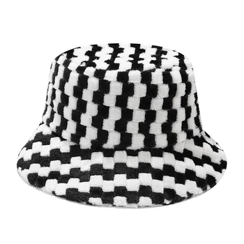 2021 Noi De Iarna Găleată Pălării De Lux Cald Zăbrele Carouri Femei Panama Pălărie De Moda Bob Țese Îngroșat Moale Pescar Capac