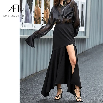 AEL Asimetrie neagră lungă coadă de pește femei fusta ridicată split sexy Max Fantă Fuste zburli 2020 Vară de moda streetwear