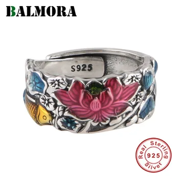 BALMORA S925 Argint Colorat Floare de Lotus Inele Pentru Femei Gril Epocă Email Koi Frunze de Lotus Inel Reglabil Bijuterii