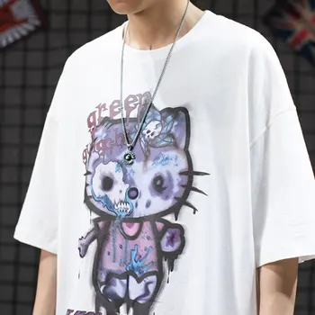 Barbati tricou Drăguț Kitty Bumbac Imprimare O-gât Topuri Tricou pentru Bărbați Îmbrăcăminte Casual Harajuku Maneci Scurte T-shirt Shirt Anime