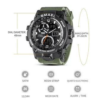 Ceas militar Barbati Armata SMAEL Impermeabil Ceasuri Sport Digital cu LED-uri Șoc Rezista Cuarț Ceas 8011Military Camuflaj Ceasuri