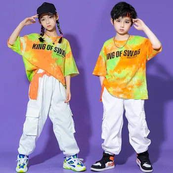 Copil Kpop Hip Hop Îmbrăcăminte Tie Dye Print Supradimensionat Tricou Streetwear Cargo Pantaloni Jogger pentru Fată Băiat de Jazz Dans Costum de Haine