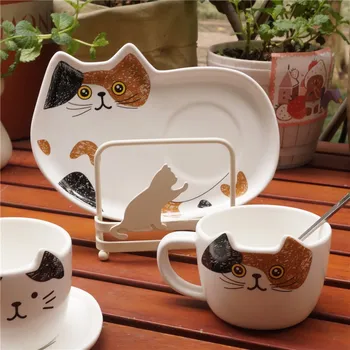 Creative Drăguț Pisica Ceramica Cana de Cafea Set cu Tava si cu o Lingura Acasă Desene animate micul Dejun Cupa Biroul Bea Ceai Cupe Pentru după-Amiază