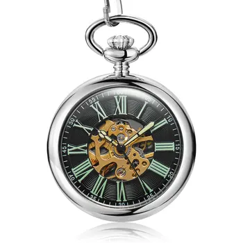 De Vânzare la cald Antic Buna Schelet de Argint Transparent Mecanice Ceas de Buzunar Pentru Bărbați FOB Lanț de Mână de Lichidare Reloj De Bolsillo