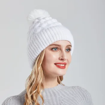 Femei Iarna Gros Solid Fleece Căptușit Moale Knit Beanie Pălărie cu Blană Faux Pom Pom
