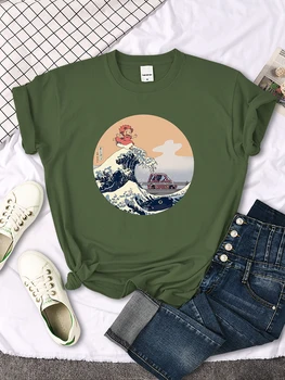 Femei pe Maneci Scurte Anime Ponyo On The Cliff Desene animate Imprimate Tricouri Femei Supradimensionat Montat Moale Haine Kawaii Gât T-Shirt