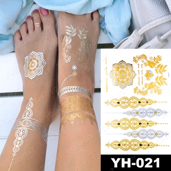 Impermeabil Tatuaj Temporar Autocolant Flori De Henna Mandala Aur, Argint Metalic Flash Tatuaj Boho Lotus Bijuterii, Body Art, Sclipici