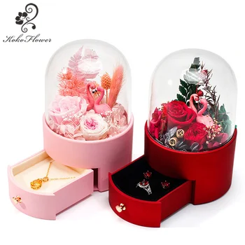 Koko Floare Flamingo Veșnică a Crescut Caseta de Bijuterii de Nunta Propune Căsătorie Cutie de Inel pentru Ziua Îndrăgostiților, de Crăciun, Mama Sotiei Cadou