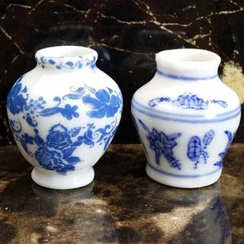 Manual DIY Casa Papusa de Bucătărie din Ceramică Ornament Decora vaza casă de Păpuși, Miniaturi 1 Set(2 buc) Mini Albastru și alb portelan vaza