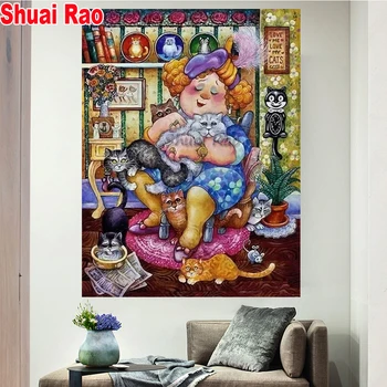 Plin patrat/rotund burghiu de diamant mozaic desene animate doamna grasă și pisici 5d burghiu diy diamant broderie femei si animale decor acasă