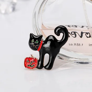 Pomlee Dovleac De Halloween Pisica Neagra Pentru Femei Broșe De Metal Galben Cristal Email Pin Planta Brosa Costum De Bijuterii