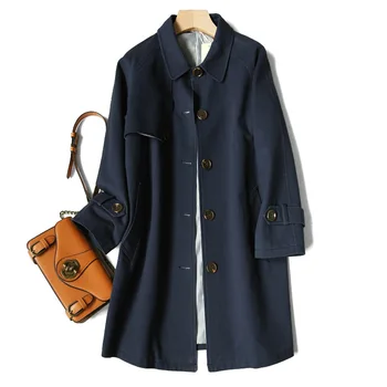 Timp de Bumbac Hanorac Solid Plin Japoneză Slim Stil Trench Albastru de Moda Elegant Singur Pieptul Paltoane și Jachete Femei