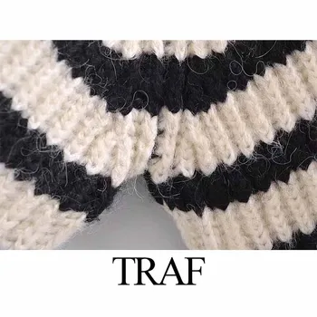 TRAF 2022 V-neck Maneca Lunga Liber Retro cu Dungi de Imprimare Pulover Supradimensionat Knit Cardigan pentru Femei Pulover Jacheta Sacou Elegant