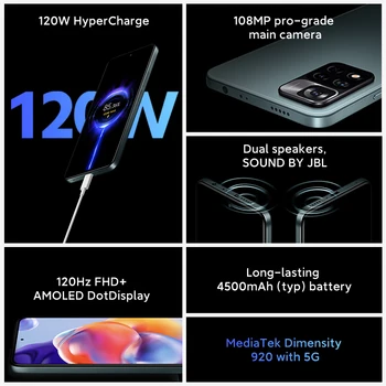 Versiune globală Xiaomi Redmi Nota 11 Pro+ 5G Plus Smartphone 120W HyperCharge Dimensity 920 120Hz AMOLED 108MP