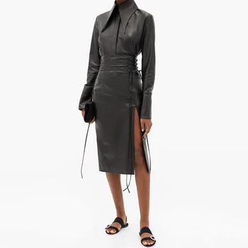 VGH Casual Cordon Negru din Piele Solidă Fuste Femei de Moda de Epocă s-au Adunat Talie Fusta Midi Pentru Femei 2021 Stil Toamna