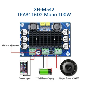 XH-M542 DC 12-26V 100W TPA3116DA Mono Canal Digital de Putere Amplificator Audio de Bord TPA3116D2 Digital, Amplificator de Putere de Bord