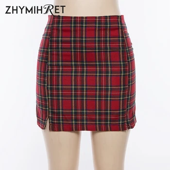 ZHYMIHRET Primăvară-Vară Talie Mare Carouri Roșii Mini-Fuste Femei Side Split Fusta Creion cu Fermoar Spate Sexy Streetwear Jupe Femme